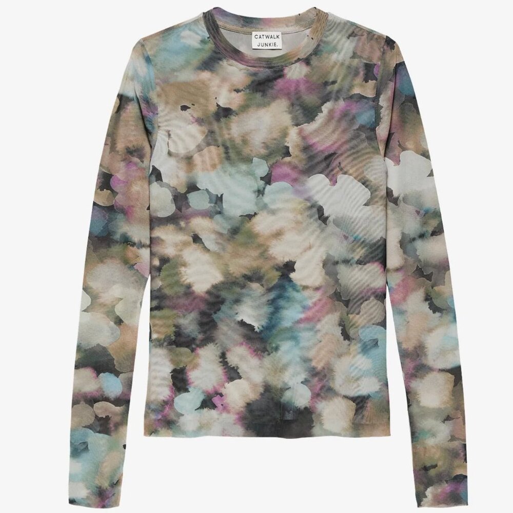 Catwalk Junkie Mesh Long Sleeve Top in Abstract Floral Pattern - Size 36 / Small